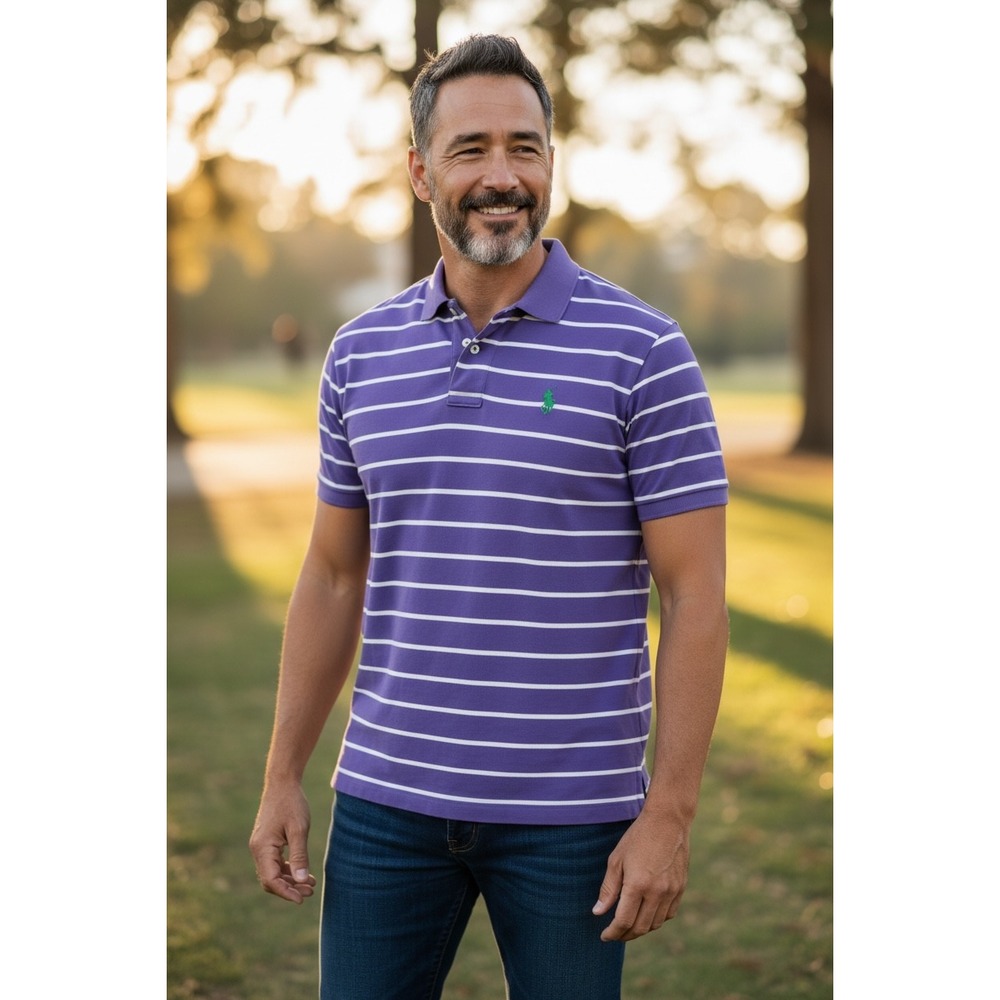 Polo Ralph Lauren Mens XXL Purple White Striped ShortSleeve Pony Logo Polo Shirt